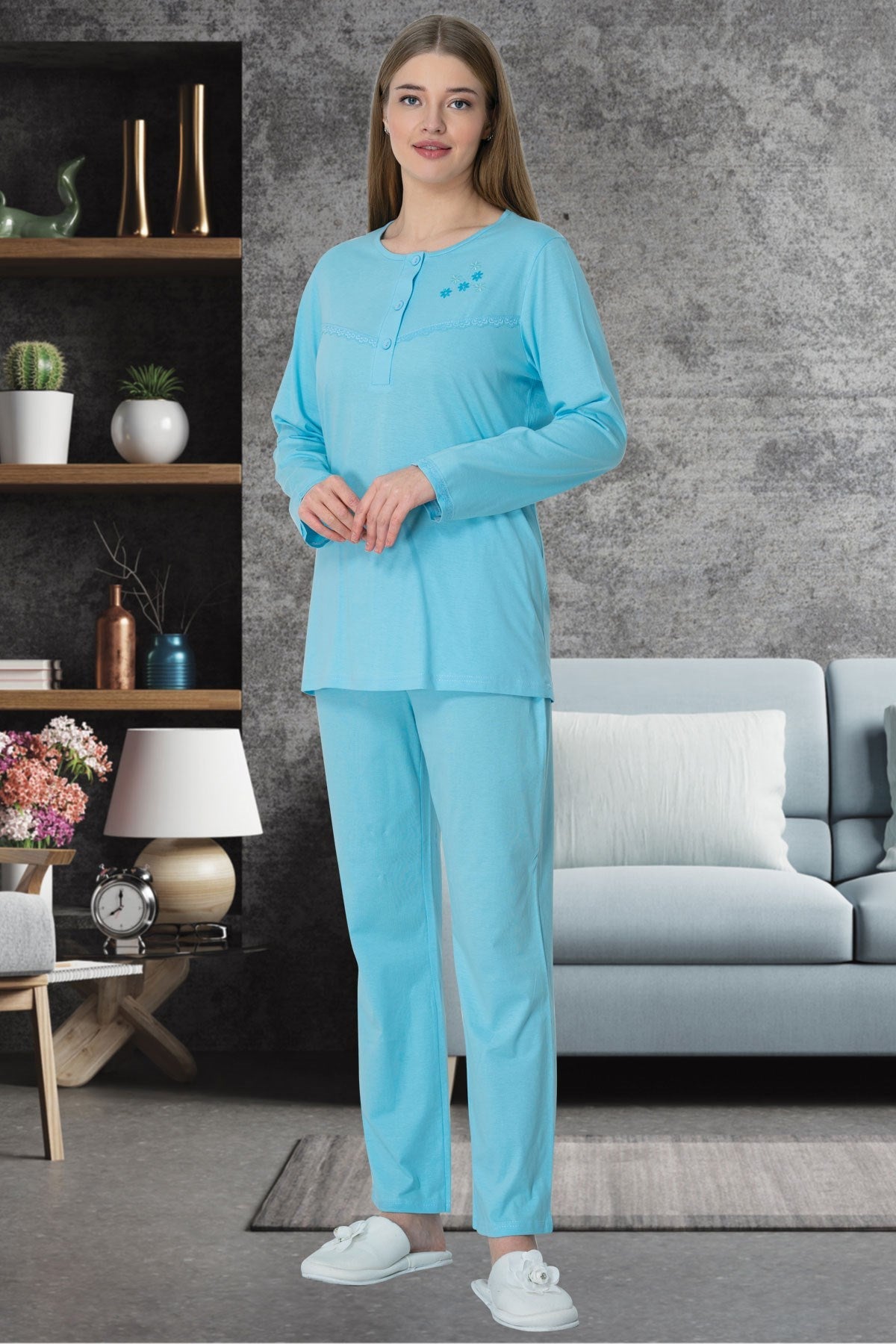 Shopymommy 5637 Cotton Plus Size Maternity & Nursing Pajamas Blue