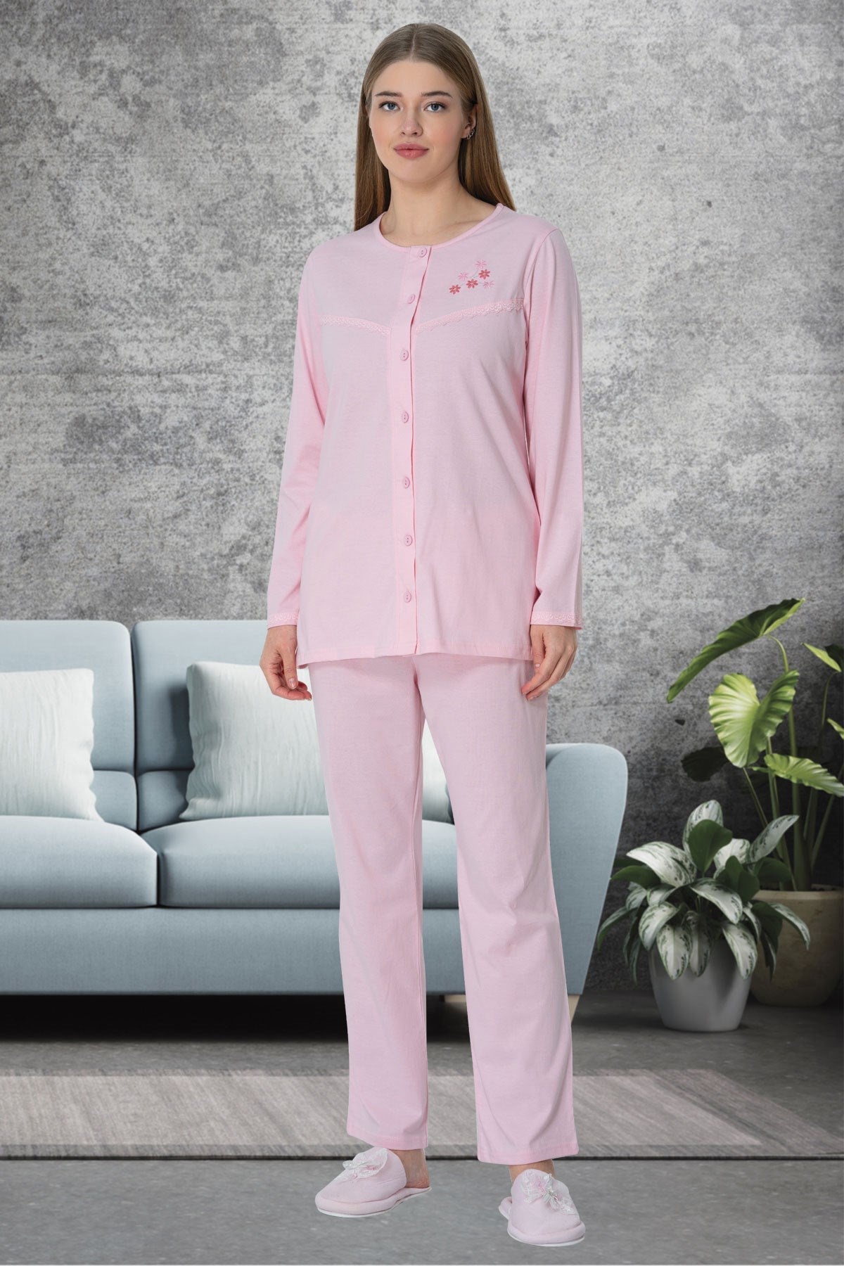 Shopymommy 5638 Patterned Plus Size Maternity & Nursing Pajamas Pink