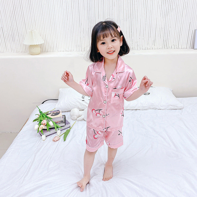 Cartoon Printed Silk Pajamas Set for Kids