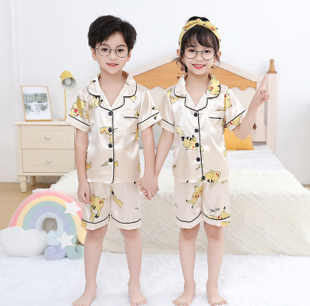 Cartoon Printed Silk Pajamas Set for Kids